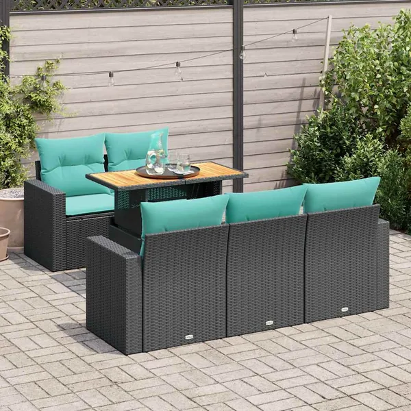 Salon de jardin 6 pcs avec coussins noir résine tressée