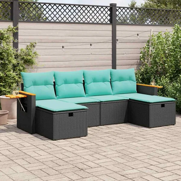 Salon de jardin 6 pcs avec coussins noir résine tressée