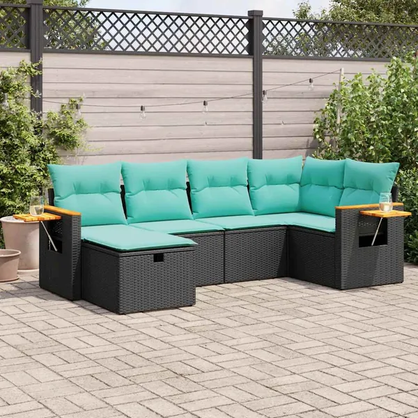 Salon de jardin 6 pcs avec coussins noir résine tressée