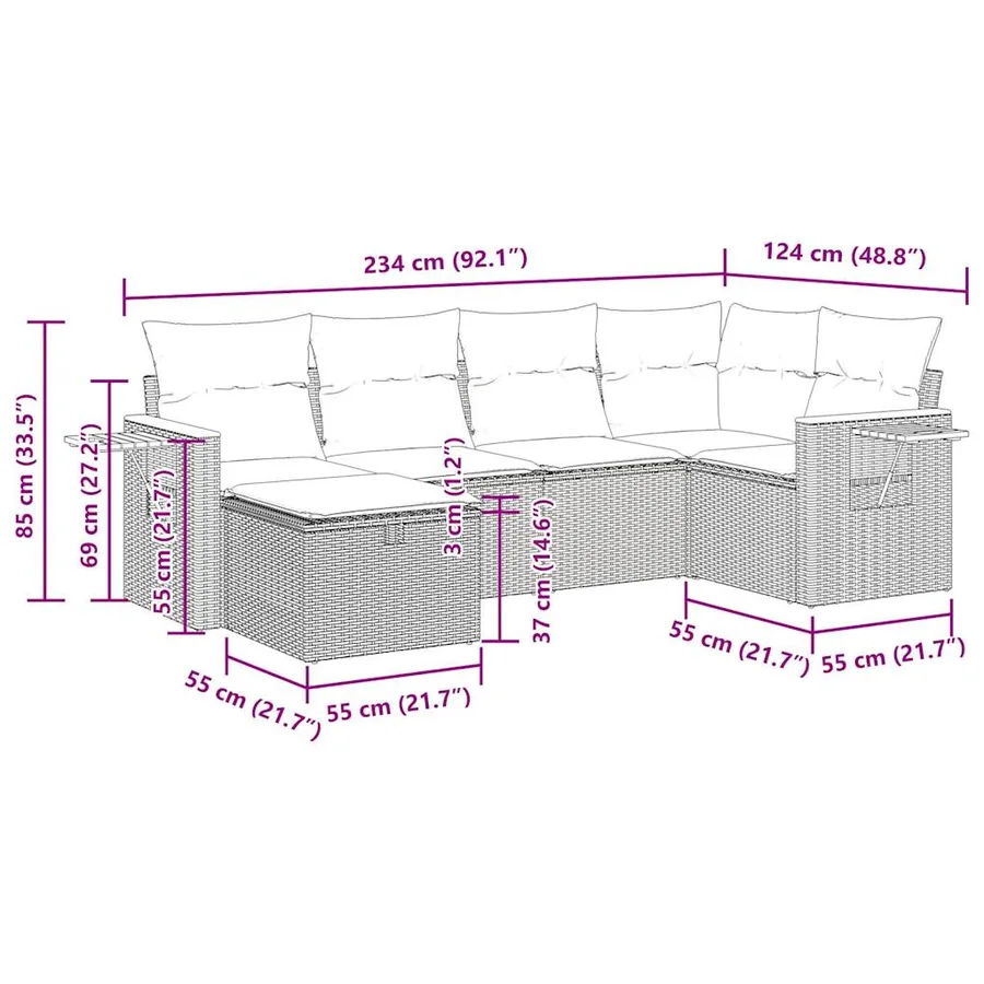Salon de jardin 6 pcs avec coussins noir résine tressée - 15