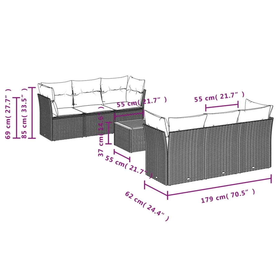 Salon de jardin 7 pcs avec coussins noir résine tressée 62 x 62 x 69 cm - 62,6 kg - 10