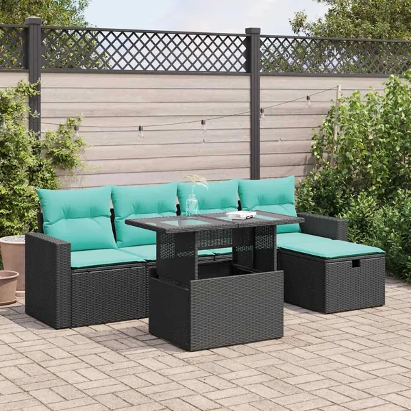 Salon de jardin avec coussins 6 pcs gris résine tressée acacia