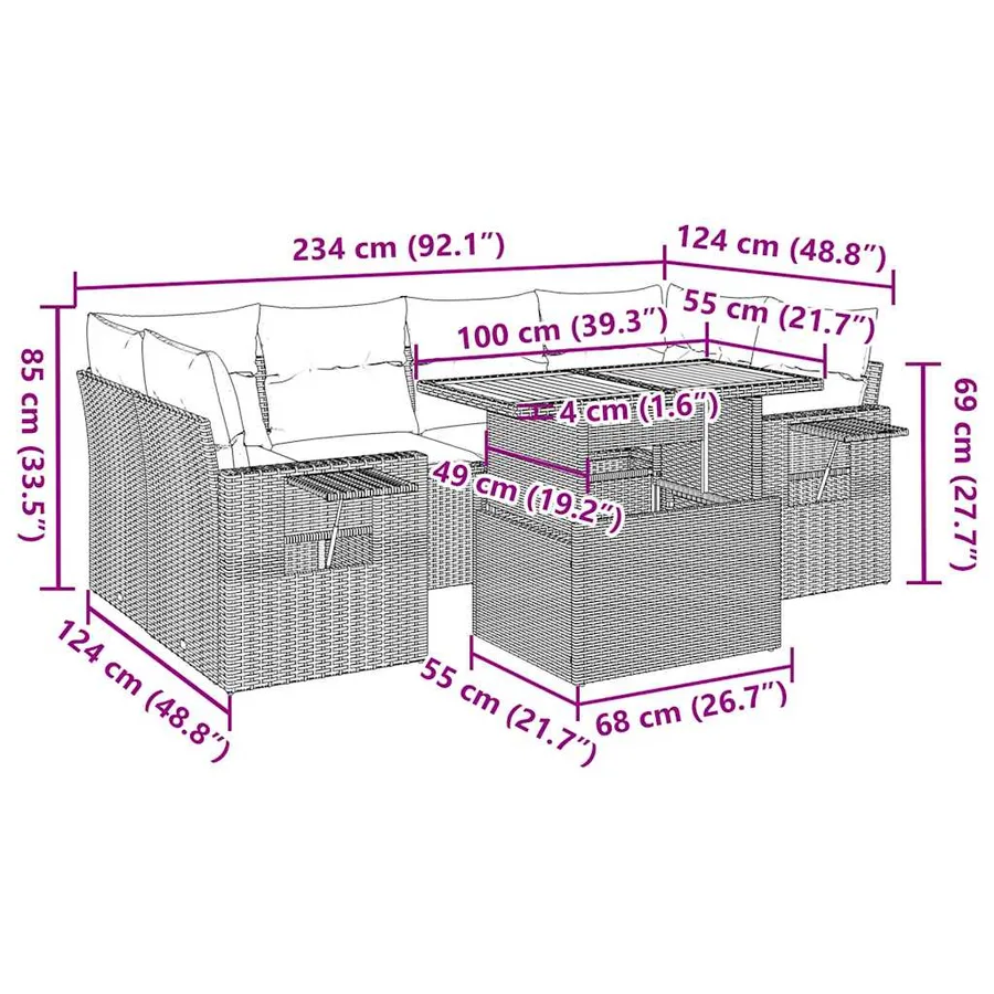 Salon de jardin 7 pcs avec coussins noir résine tressée 55 x 62 x 69 cm - 69,6 kg - 16