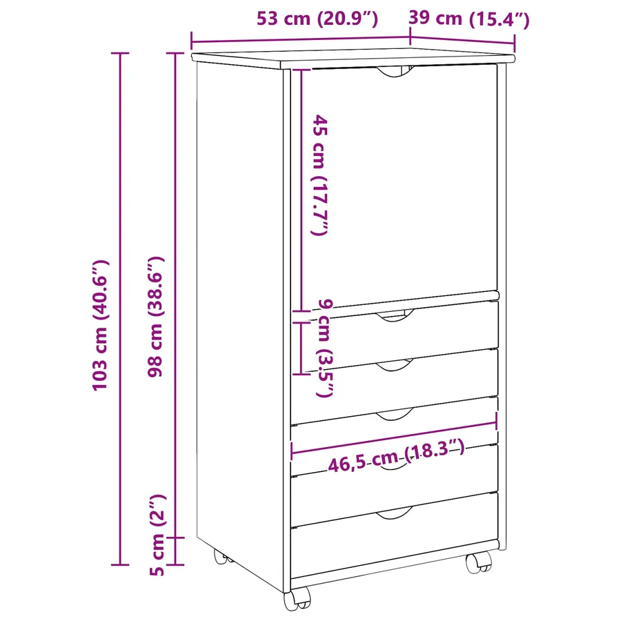 Cabinet roulant Marron 53 x 39 x 103 cm Bois de Pin Massif - 9