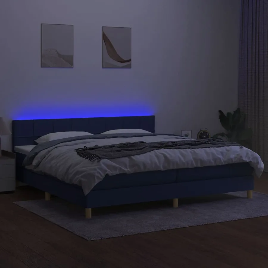 Sommier à lattes de lit et matelas et LED Bleu 200x200 cm Tissu - 4