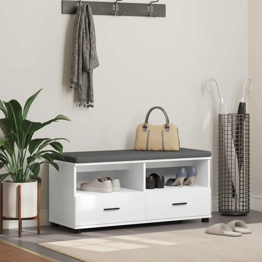 Banc d'entrée Blanc 100 x 38 x 46 cm Bois Ingénierie et Tissu