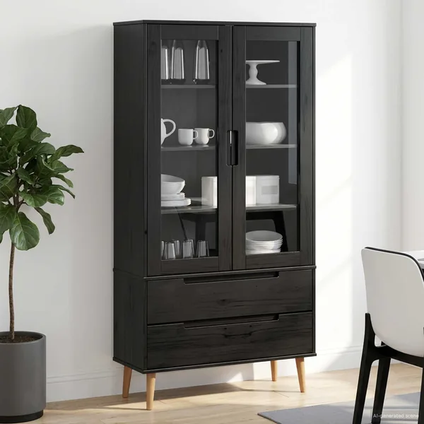 Vitrine en Verre MOLDE 90 x 35 x 175 cm Bois de pin massif Noir