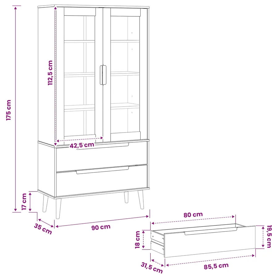 Vitrine en Verre MOLDE 90 x 35 x 175 cm Bois de pin massif Noir - 7