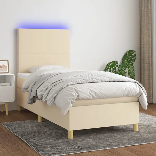Sommier à lattes de lit et matelas et LED Crème 90x190 cm Tissu