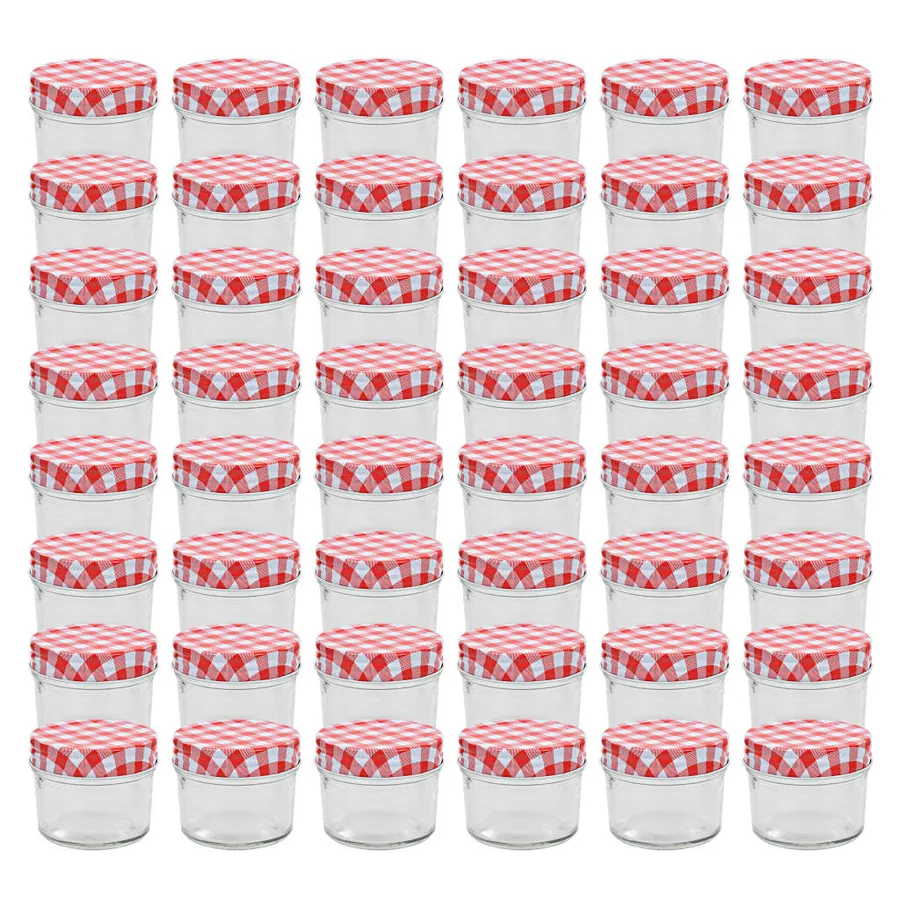 48 pcs Pots à confiture Couvercles blanc et rouge Verre 110 ml