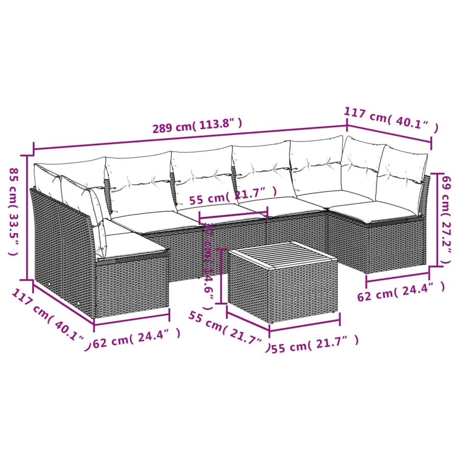 Salon de jardin 8 pcs avec coussins noir résine tressée - 10