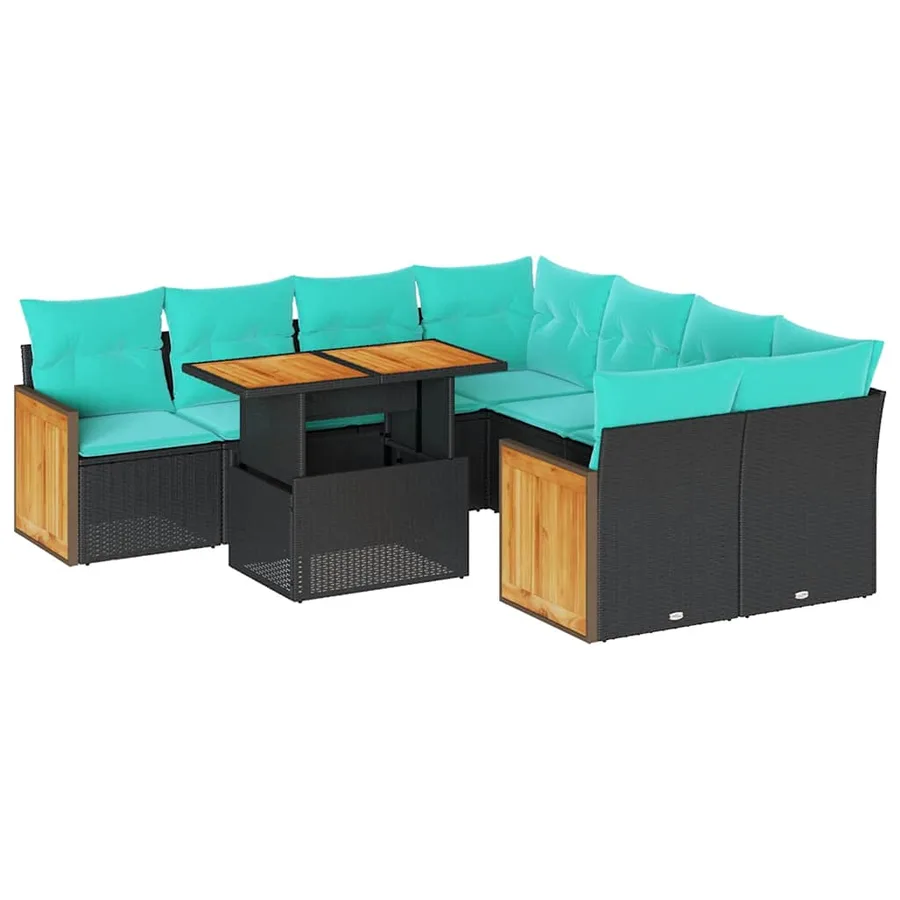 Salon de jardin avec coussins 9 pcs noir résine tressée acacia - 2