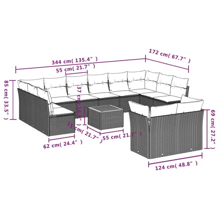 Salon de jardin avec coussins 13 pcs noir résine tressée - 10