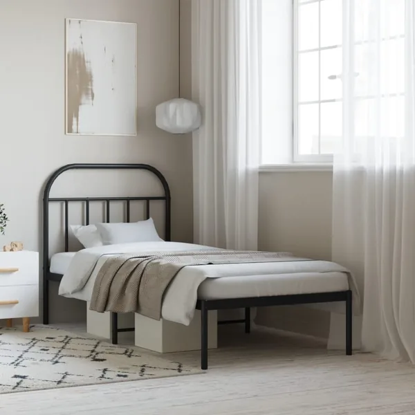 Cadre de lit métal sans matelas avec tête de lit noir 90x190 cm