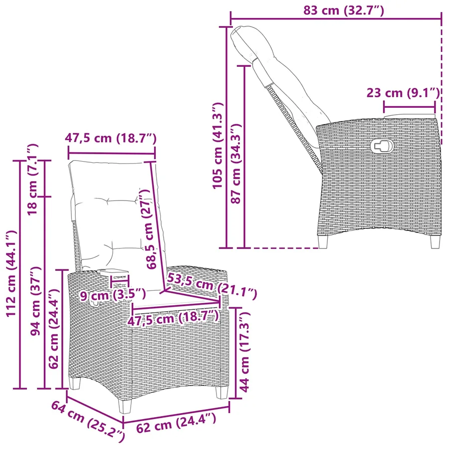 Chaise inclinable avec plateau à thé 62 x 64 x 112 cm polyrotin - 11