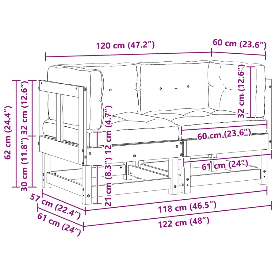 2 pcs Canapé d'angle de jardin Pin massif Brun Ciré - 10