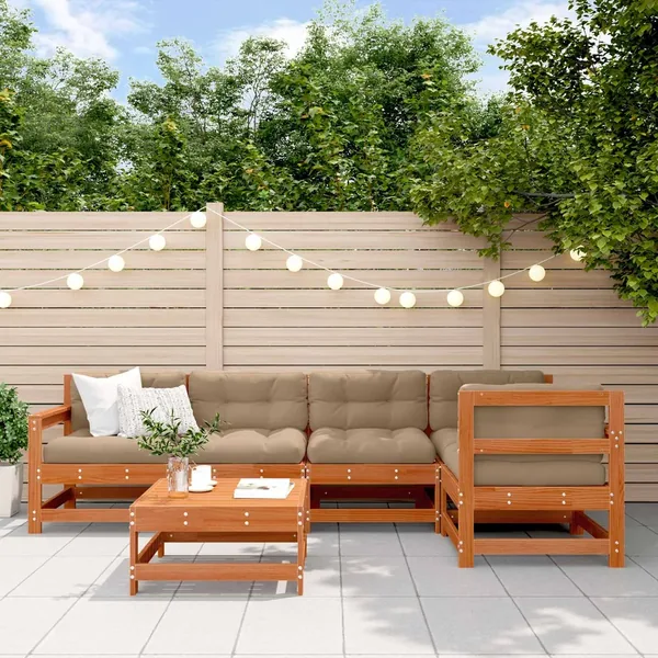 Ensemble de salon de jardin 6 pcs Brun cire Bois de pin massif