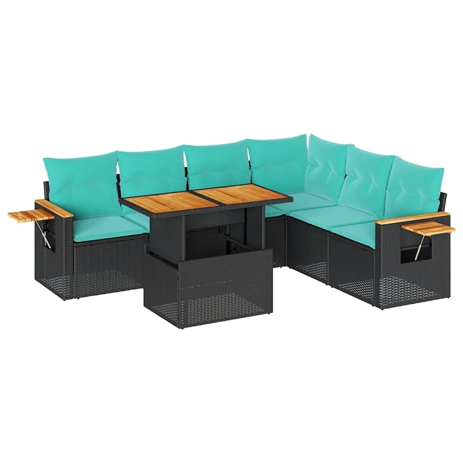 Salon de jardin avec coussins 7 pcs noir résine tressée acacia - 2