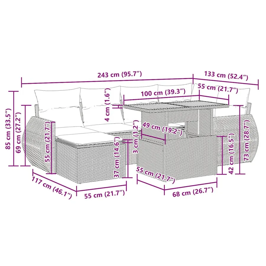 Salon de jardin 7 pcs avec coussins noir résine tressée 55 x 62 x 69 cm - 64,0 kg - 16