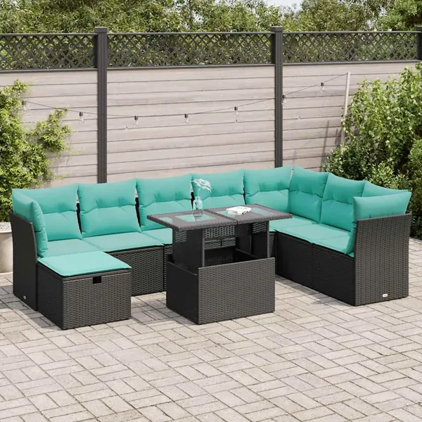Salon de jardin avec coussins 9 pcs noir résine tressée acacia