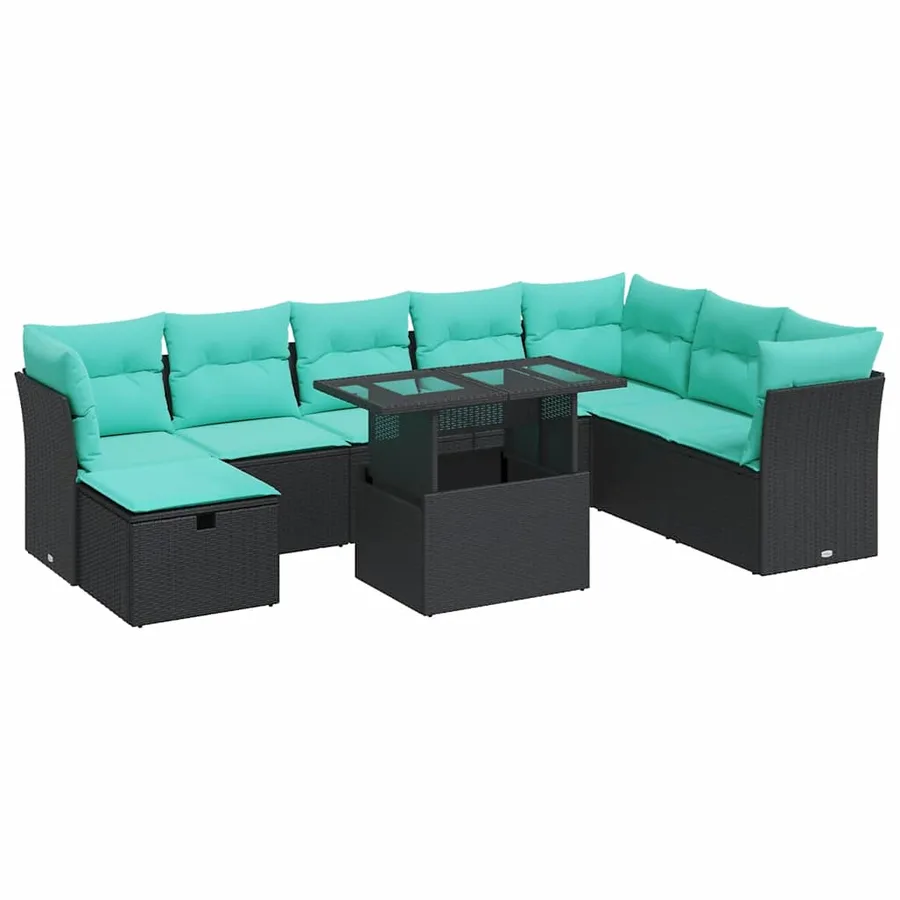 Salon de jardin avec coussins 9 pcs noir résine tressée acacia - 2