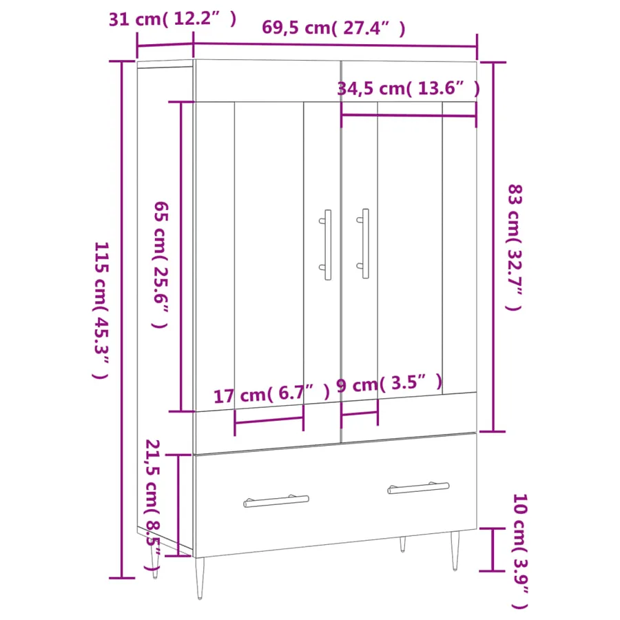 Buffet haut chêne sonoma 69,5x31x115 cm bois d'ingénierie - 13