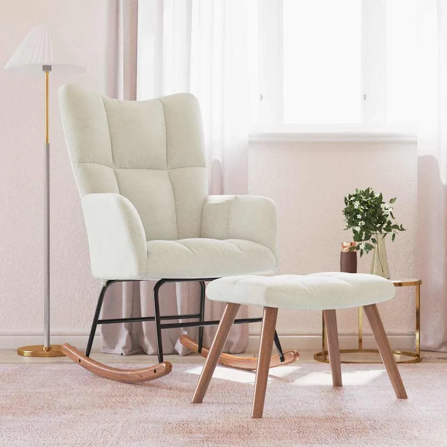Chaise à bascule avec repose-pied Blanc crème Velours - 3