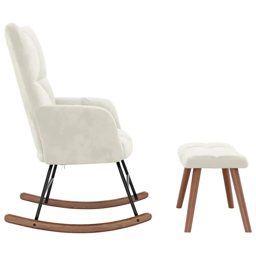 Chaise à bascule avec repose-pied Blanc crème Velours - 6