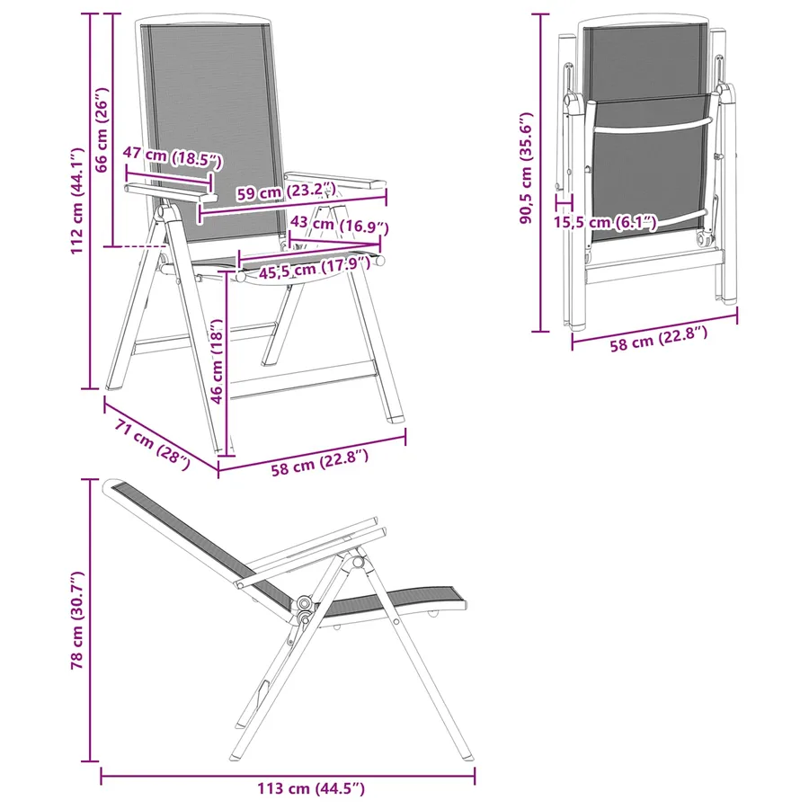 Chaises de jardin inclinables 2 pcs Noir 58 x 71 x 112 cm - 11
