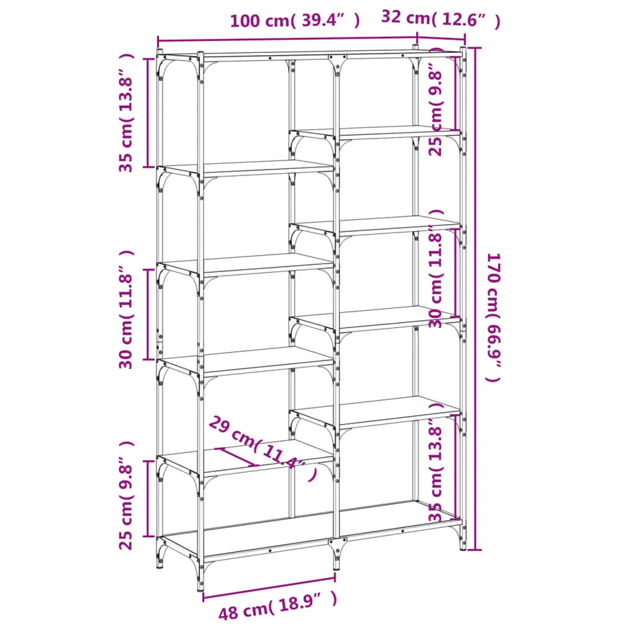 Bibliothèque chêne sonoma 100x32x170cm bois d'ingénierie et fer - 9