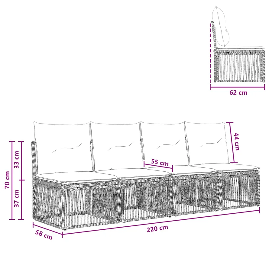 Canapé 4 places 4 pcs 4-Nombre de places Noir polyrotin - 9
