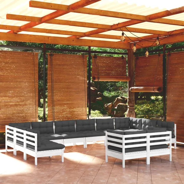 Salon de jardin 12 pcs avec coussins blanc bois de pin solide