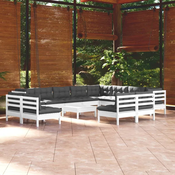 Salon de jardin 13 pcs avec coussins blanc bois de pin solide
