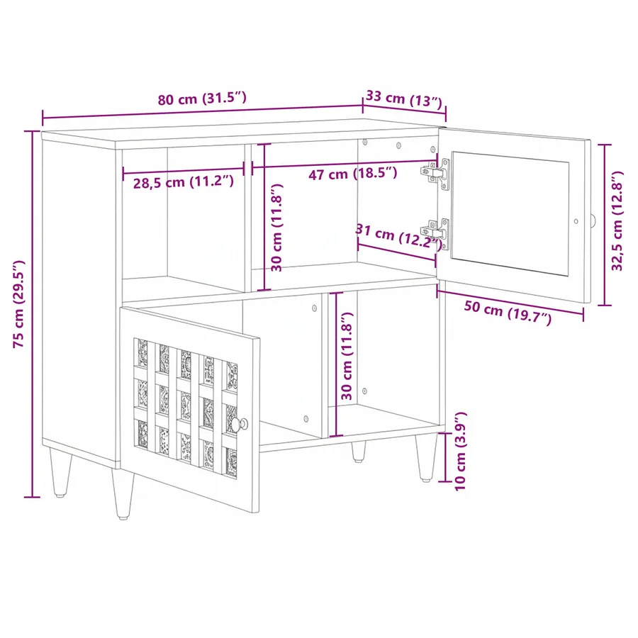 Buffet avec porte Naturel 80 x 33 x 75 cm Bois de mangue massif - 12