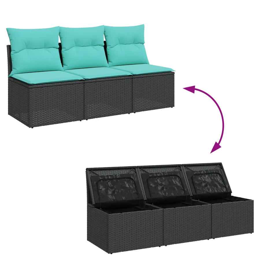 Canapé de jardin avec coussins 3 places noir résine tressée - 9