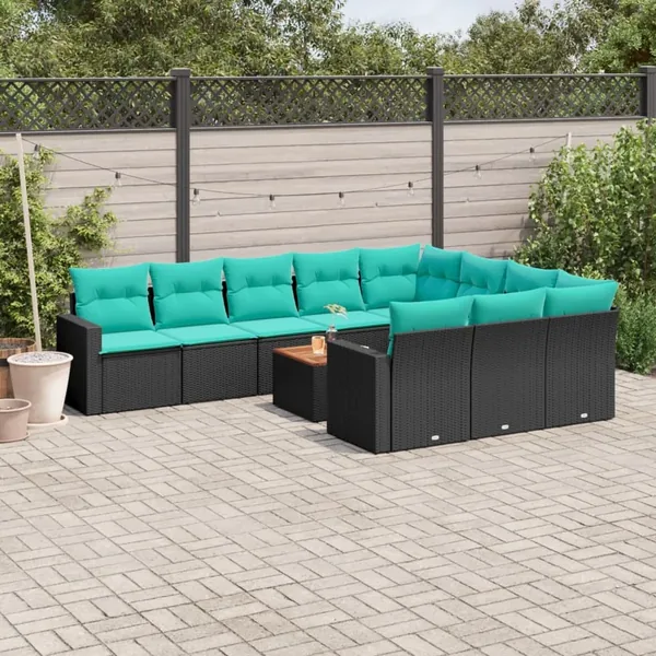 Salon de jardin 11 pcs avec coussins noir résine tressée