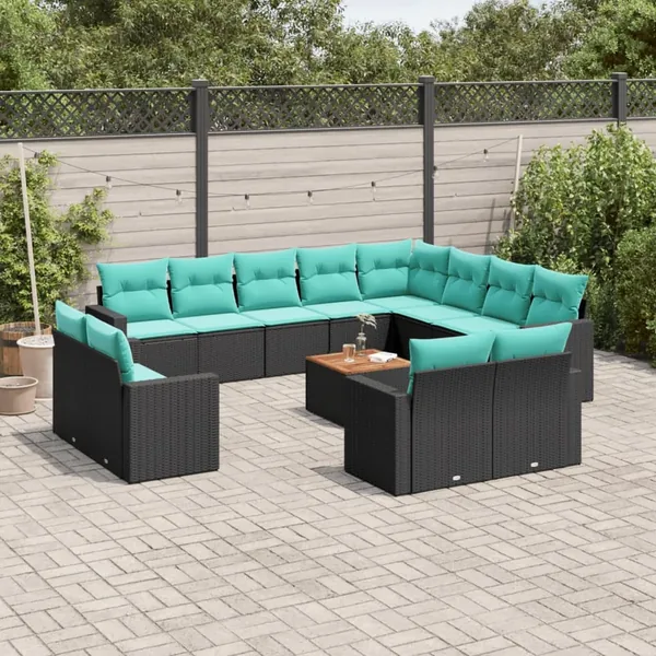 Salon de jardin avec coussins 13 pcs noir résine tressée