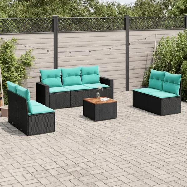 Salon de jardin 8 pcs avec coussins noir résine tressée