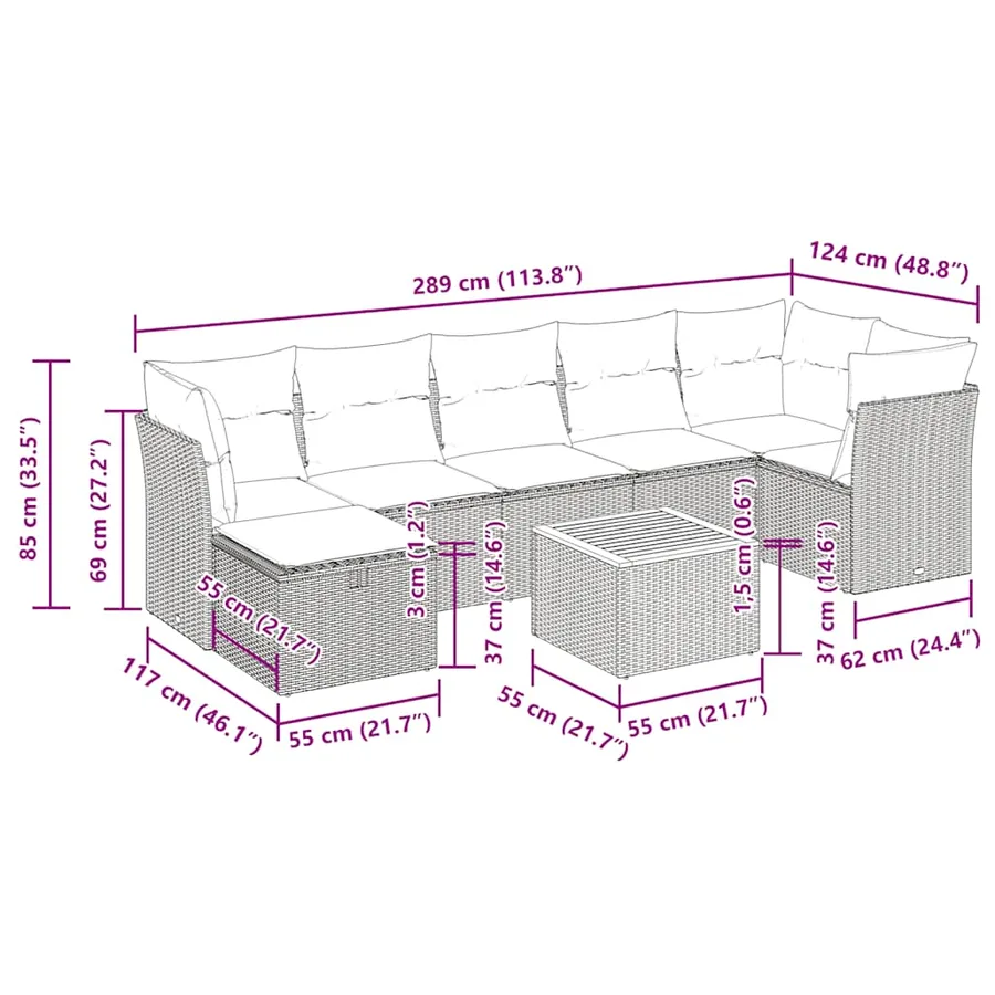 Salon de jardin 8 pcs avec coussins noir résine tressée - 11