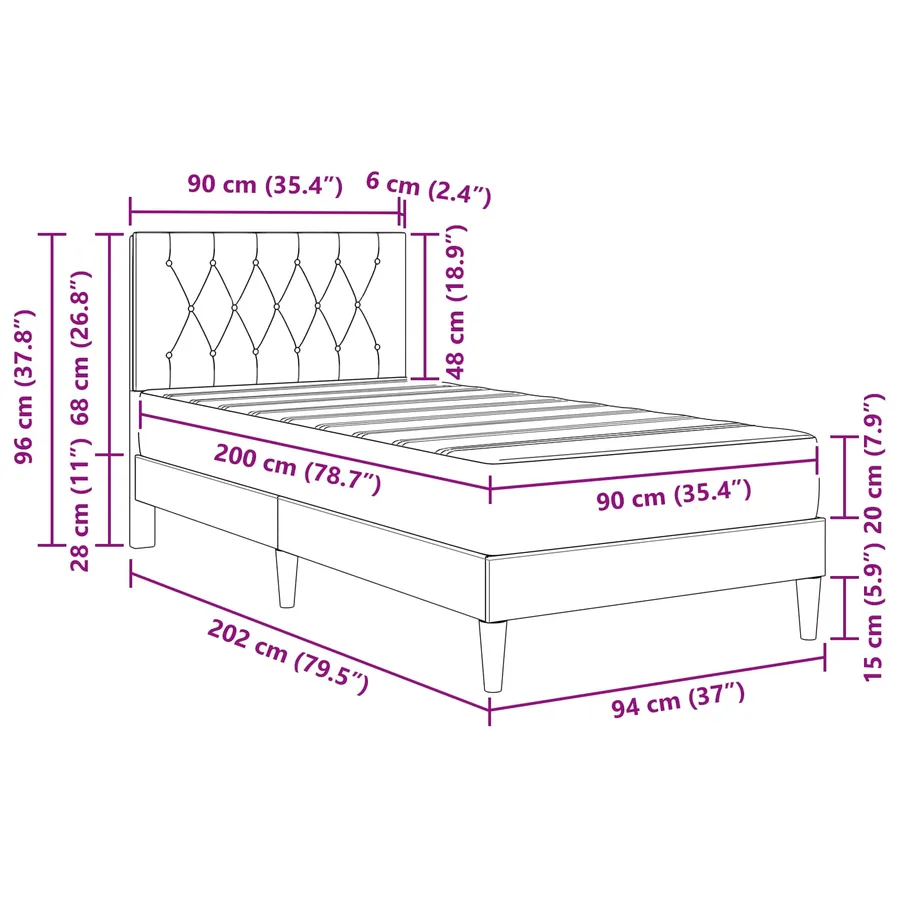 Cadre de lit avec matelas Noir 90 x 200 cm Velours - 11