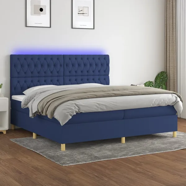 Sommier à lattes de lit et matelas et LED Bleu 200x200 cm Tissu