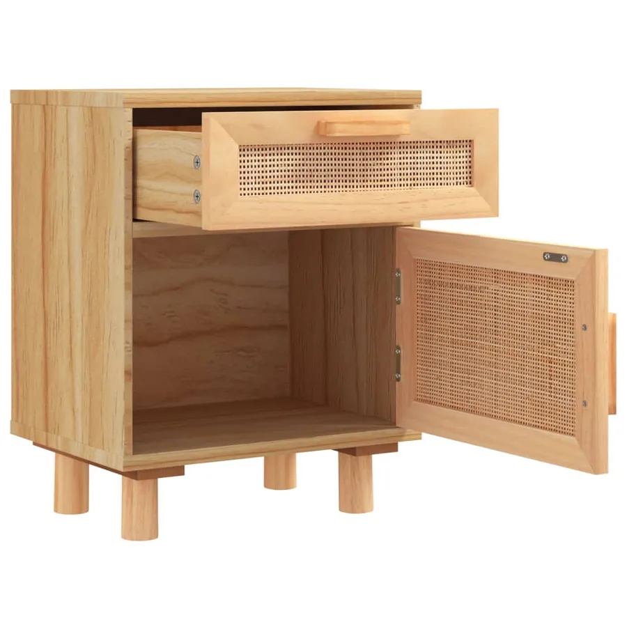 Table de chevet Marron Bois de pin massif et rotin naturel - 5
