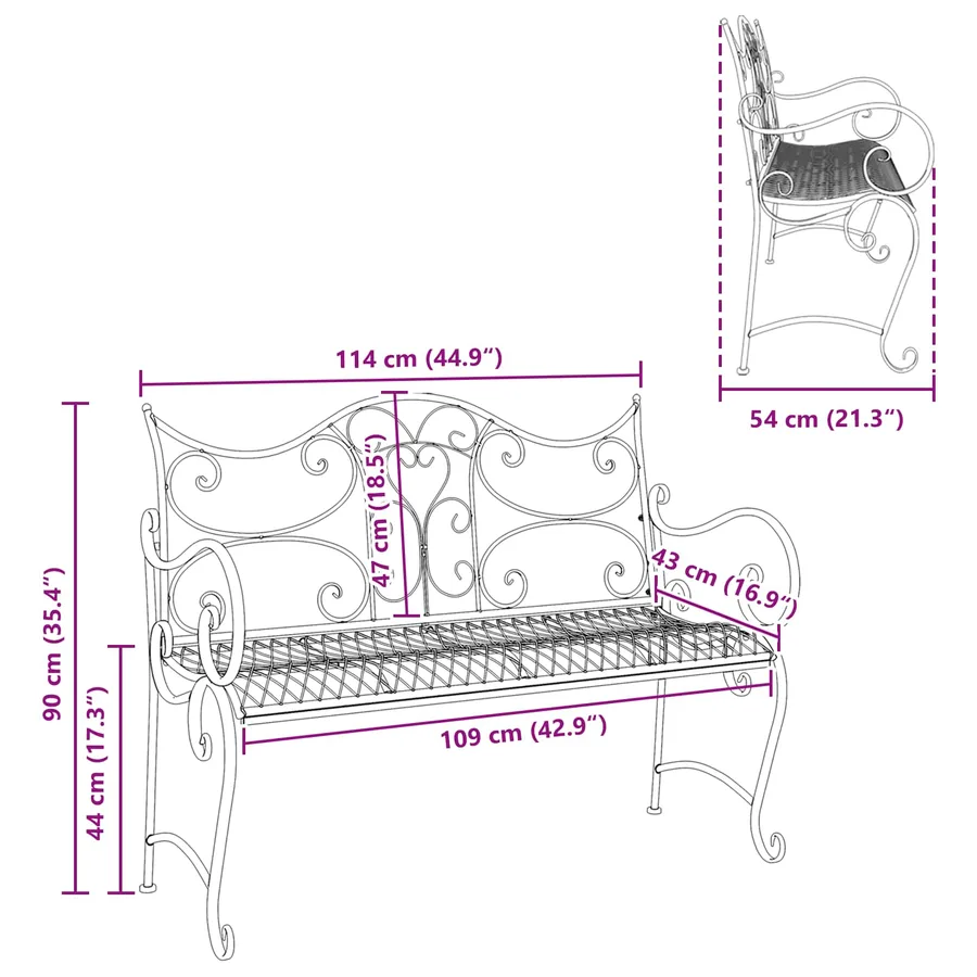 Banc de jardin 2-Nombre de places 114 x 56,5 x 90 cm Acier Noir - 7