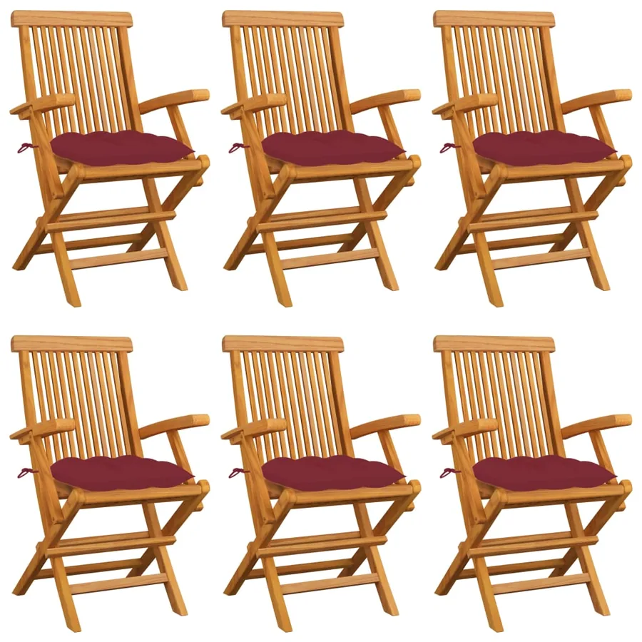 Chaises de jardin coussins rouge bordeaux lot de 6 Teck massif