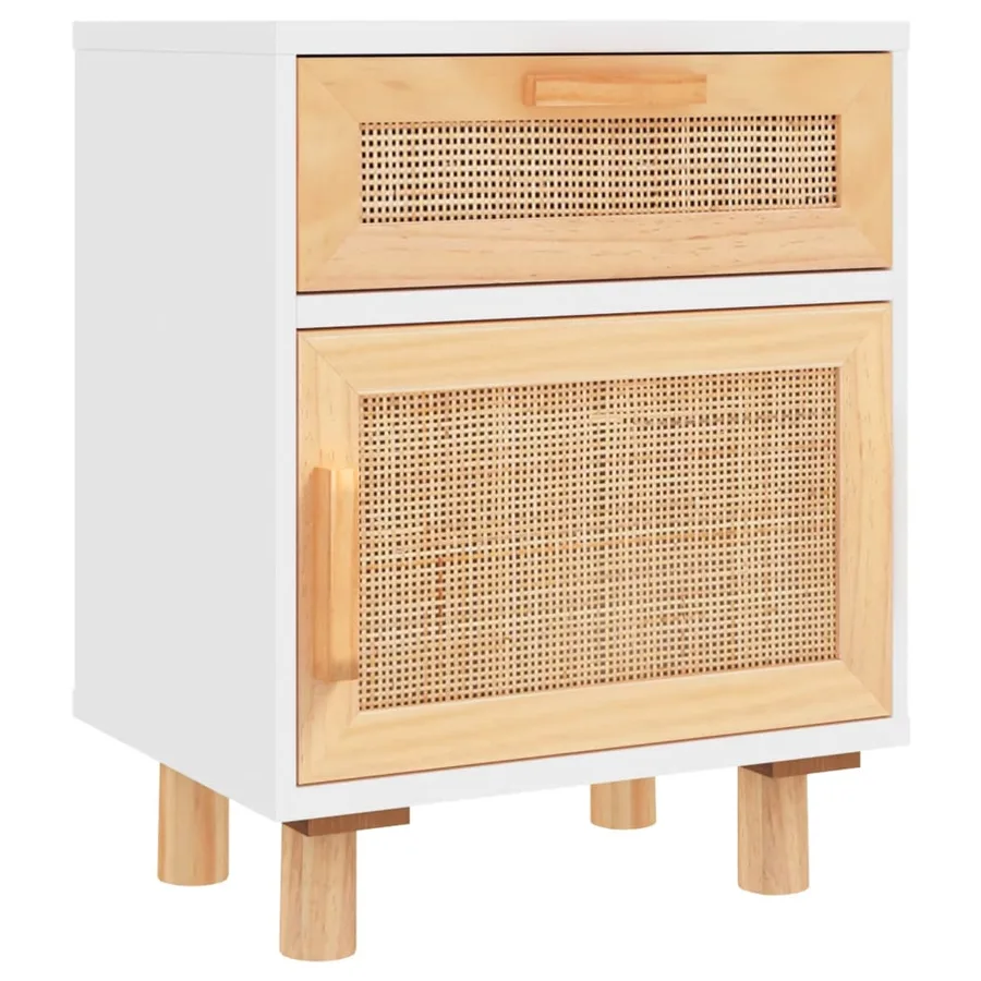 Table de chevet Blanc Bois de pin massif et rotin naturel - 2