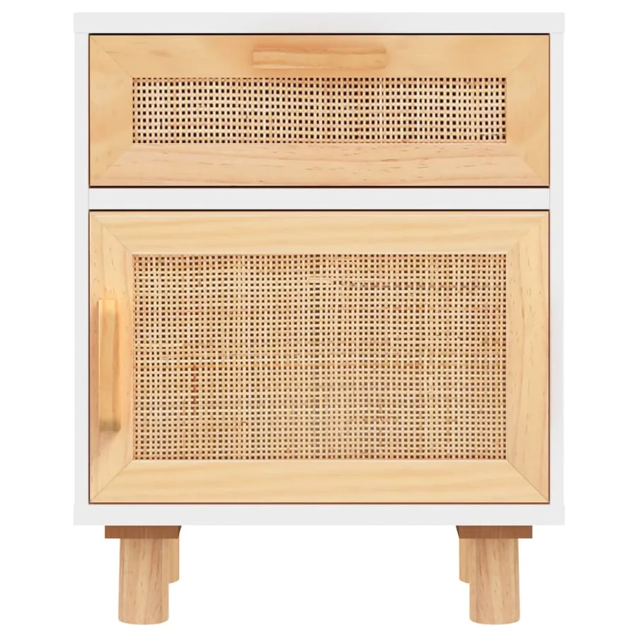 Table de chevet Blanc Bois de pin massif et rotin naturel - 4