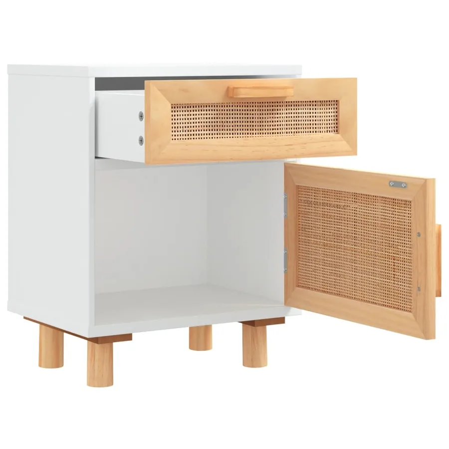 Table de chevet Blanc Bois de pin massif et rotin naturel - 5