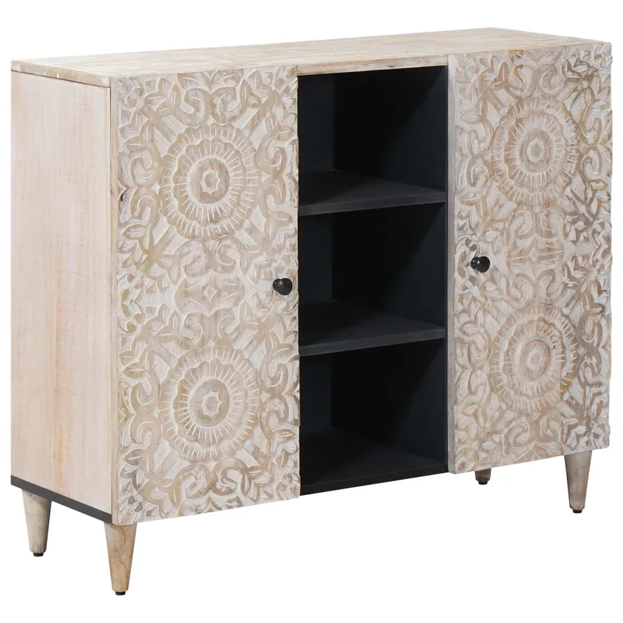 Buffet avec porte Blanc 90 x 33,5 x 75 cm Bois de mangue massif