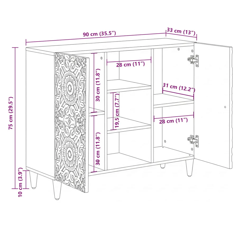 Buffet avec porte Blanc 90 x 33,5 x 75 cm Bois de mangue massif - 11
