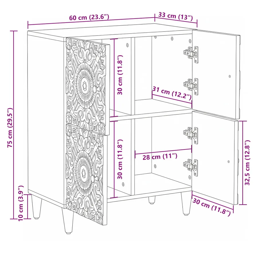Buffet avec porte Blanc 60 x 33,5 x 75 cm Bois de mangue massif - 11
